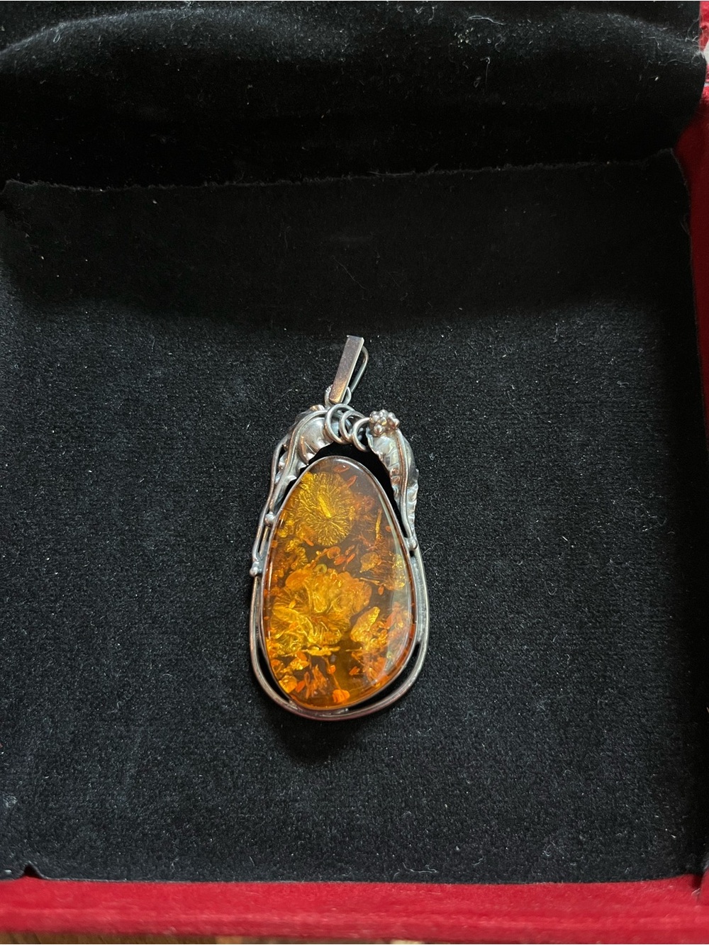 Amber Teardrop Pendant Necklace - Silver Setting